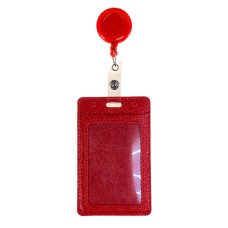 На фото 1 - Бейдж с лентой на рулетке вертикальный, цвет красный